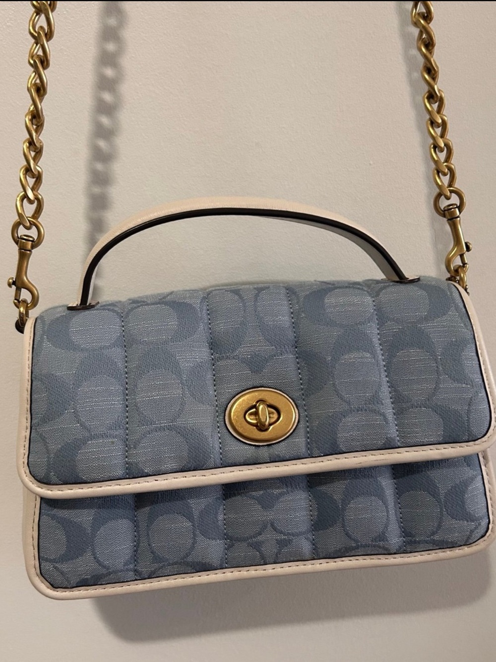 Coach Light Blue Signature Quilted Crossbody with Cream Trim and Gold Hardware